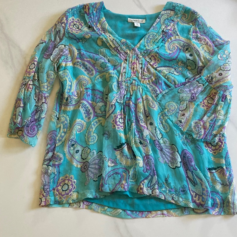 Coldwater Creek SILK Teal and Lavender Paisley Blouse